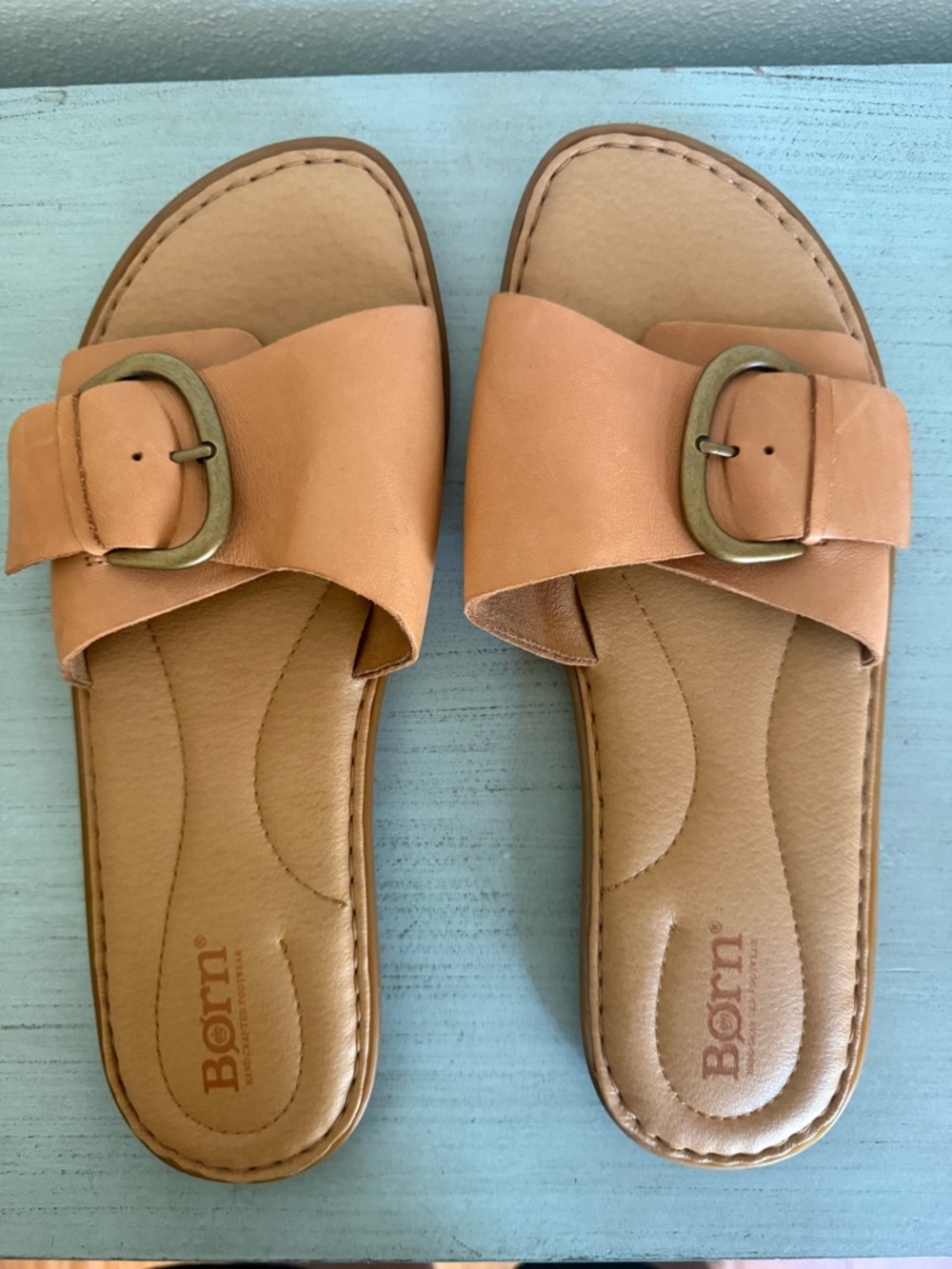Born Tan Leather Buckle Slide Sandals